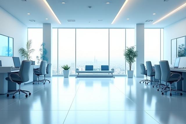 Clean modern office space with large windows and shining floors