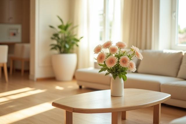 Sparkling clean living room with fresh flowers and polished surfaces